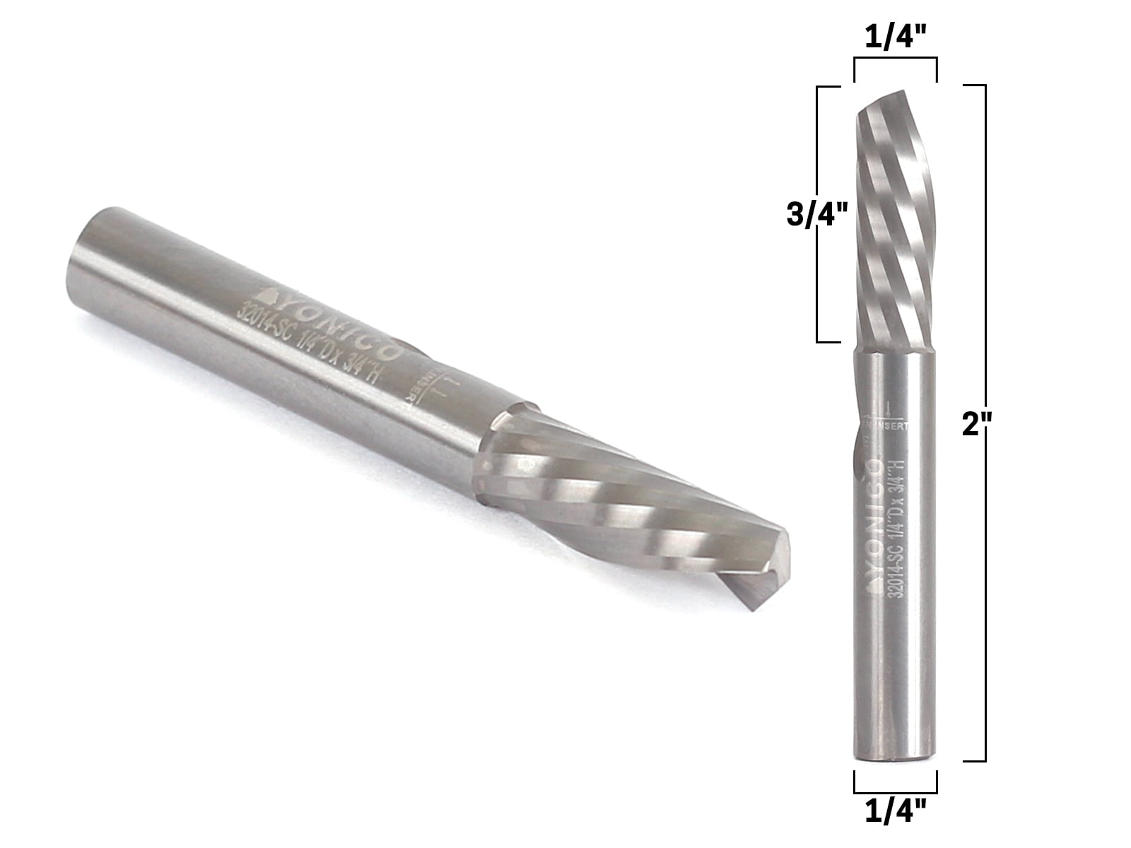 1/4" Diameter O Flute Downcut Spiral End Mill CNC Router Bit - 1/4" Shank - Yonico 32014-SC