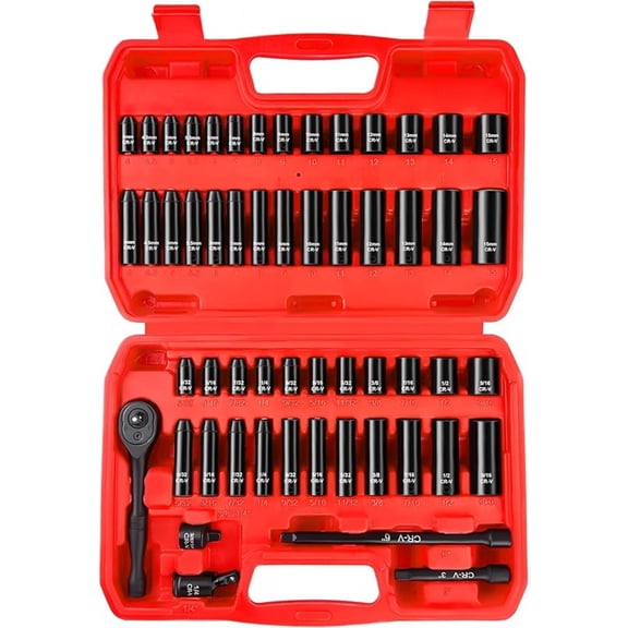 1/4" Drive Impact Socket Set, 55 Piece, SAE/Metric, Deep/Shallow, Cr-V Steel, 6 Point, (5/32"-9/16", 4-15mm) Sockets with Ratchet Handle, Extension bar, Adapter and Universal Joint