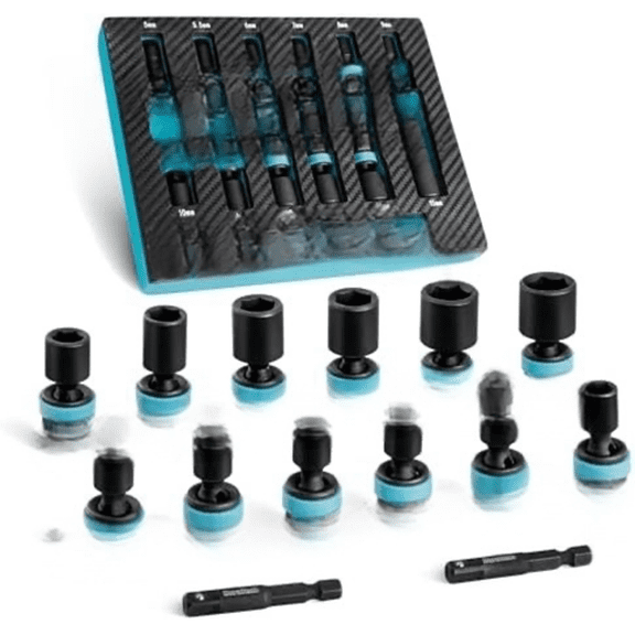 1/4" Drive Impact Universal Joint Socket Set, Swivel Socket Set, 14-Piece, Metric Impact Sockets (5-15 MM) with 2" Extension Bars, Cr-Mo Steel, Organized in EVA Foam Organizer$$Tools & Hardware Other