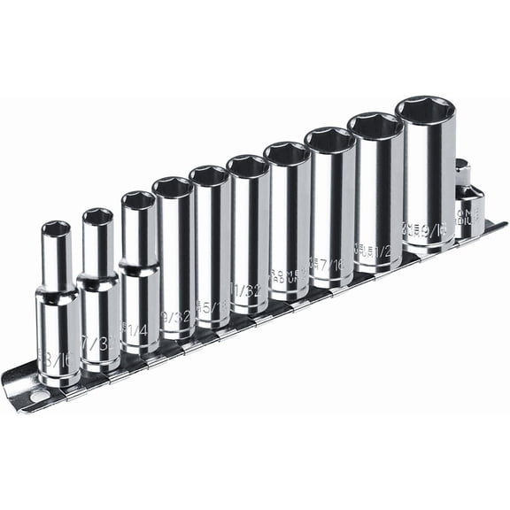 1/4” Drive SAE Socket Set, 11PCS Deep Hex Socket Set (3/16”-9/16”), Cover Most Commonly Sizes, Chrome Vanadium Steel with 3/8”F to 1/4”M Socket Adapter