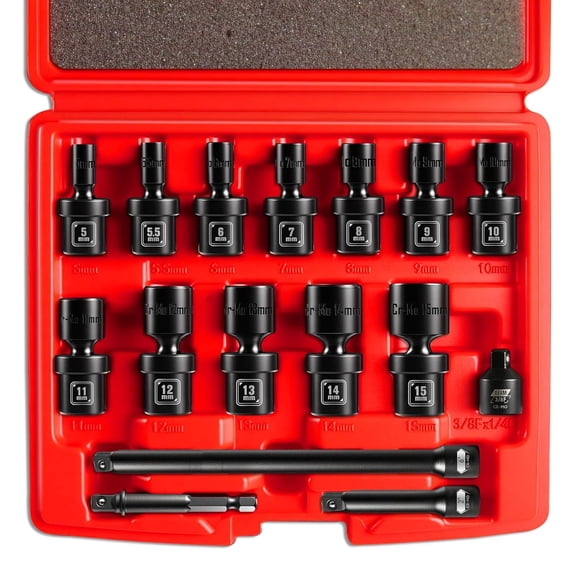 1/4" Drive Universal Impact Socket Set, 16-Pieces Swivel Socket Set, Metric(5-15mm) Flexible Wobble Socket, 2", 6" Extension Bars, Socket Adapter, 6 Point, CR-MO