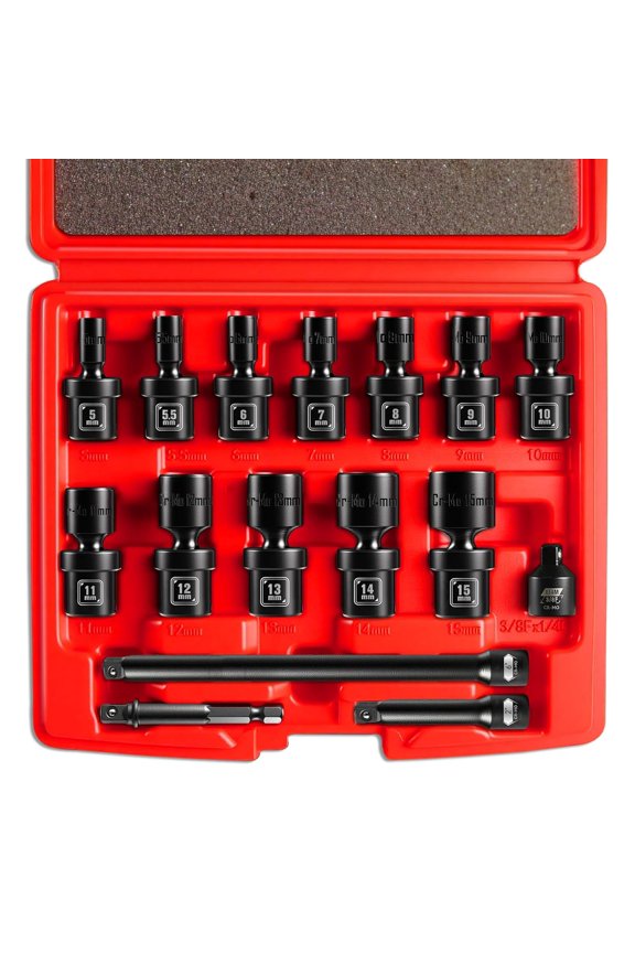 1/4" Drive Universal Impact Socket Set, 16-Pieces Swivel Socket Set, Metric(5-15mm) Flexible Wobble Socket, 2", 6" Extension Bars, Socket Adapter, 6 Point, CR-MO