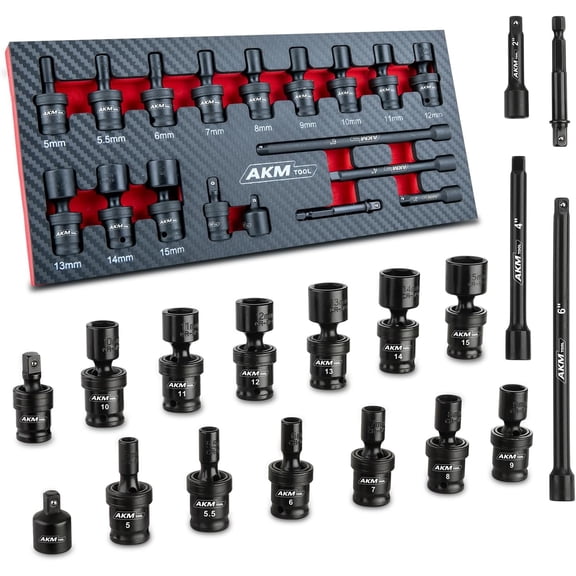 1/4" Drive Universal Impact Socket Set, 18 Piece Swivel Socket Set, Universal Joint Wobble Socket 6-Point, Metric, 5-15mm, Cr-Mo, with Extension Bars, Socket Adapter, Drill Bit Adapter