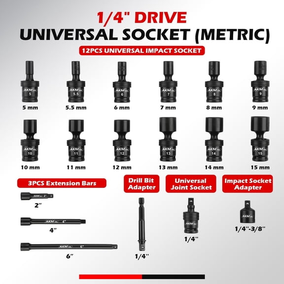 1/4" Drive Universal Impact Socket Set, 18 Piece Swivel Socket Set, Universal Joint Wobble Socket 6-Point, Metric, 5-15mm, Cr-Mo, with Extension Bars, Socket Adapter, Drill Bit Adapter