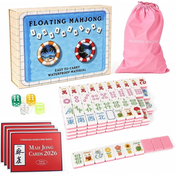 1.4" Floating Pool Mahjong Set, 160 Pieces American Waterproof Floating Mahjong Tiles, Includes All Accessories, Portable Outdoor Game for Beach Pool Party & Summer Holiday