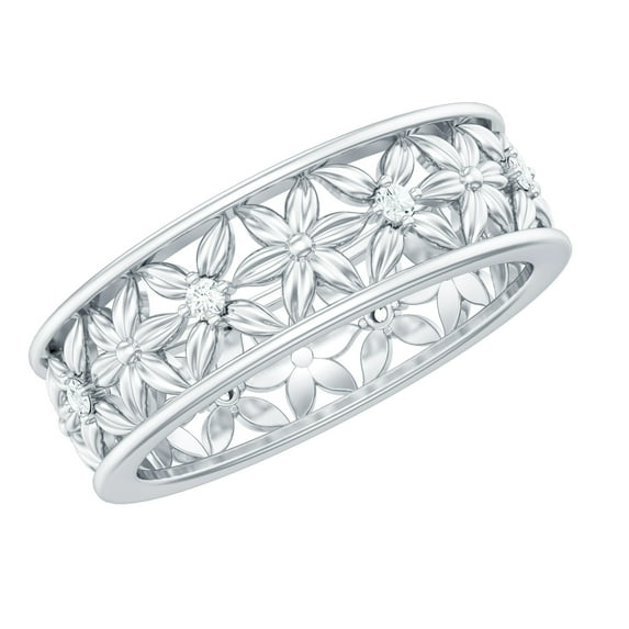 Rosec Jewels Floral Inspired Diamond Band Ring for Women, Cut Out Flower Band Ring, 18K White Gold, US 5.50
