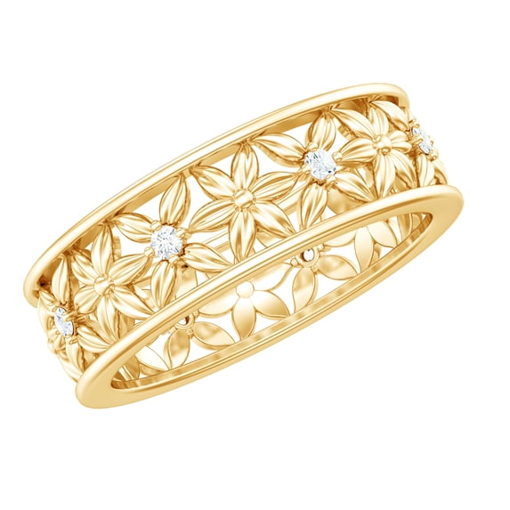 Rosec Jewels Floral Inspired Diamond Band Ring for Women, Cut Out Flower Band Ring, 18K Yellow Gold, US 4.00