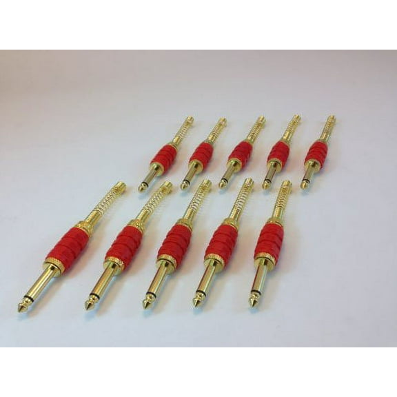 1/4" GOLD PLATED SHIELDED (6.3mm) MONO PLUG WITH STRAIN RELIEVE (10 PACK, RED)