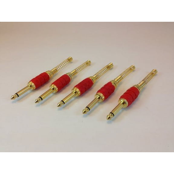 1/4" GOLD PLATED SHIELDED (6.3mm) MONO PLUG WITH STRAIN RELIEVE (5 PACK, RED)