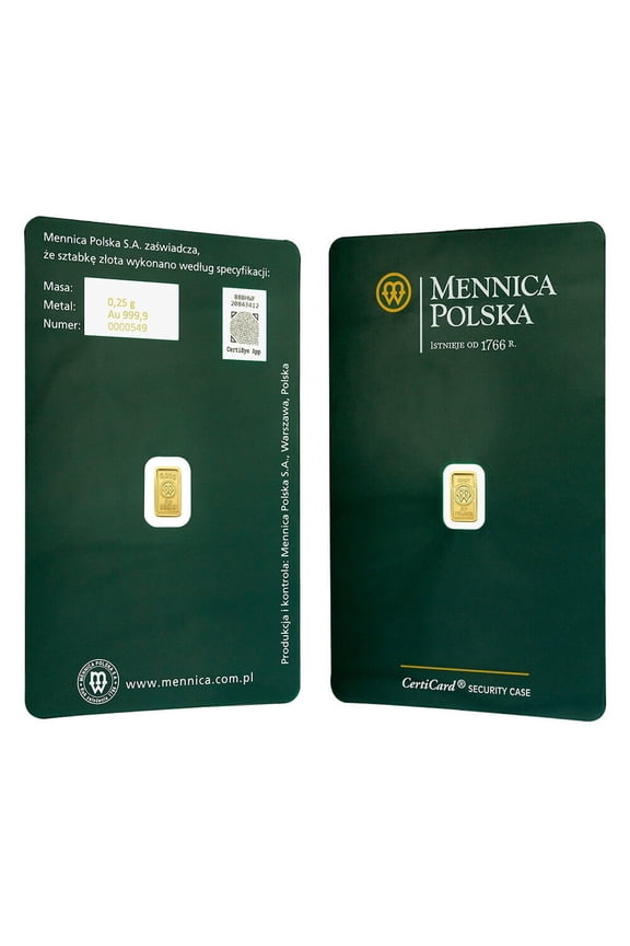 1/4 Gram Mint of Poland Gold Bar .9999 Fine (in Assay)