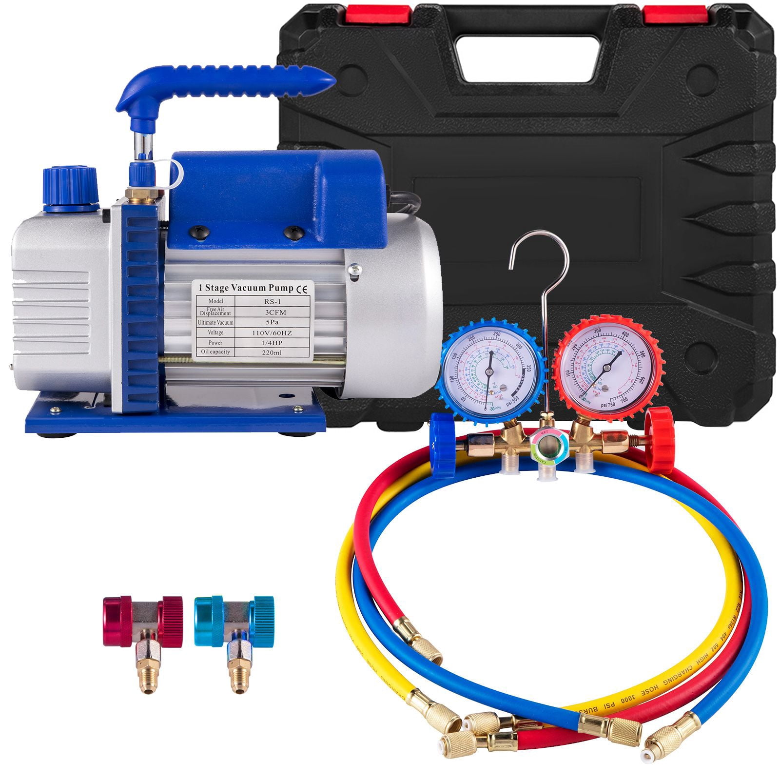 1/4 HP Single Stage Vacuum Pump for HVAC,AC Refrigeration Kit with Manifold Gauge,R134a R12 R22 R410a Compatible,Includes Can Tap and Carrying Tote