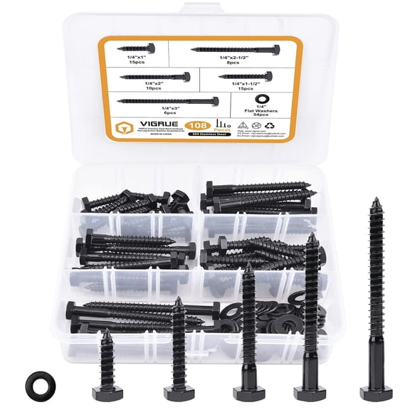 1/4" Hex Lag Bolts Stainless Steel 18-8 (304), 108PCS Oxidized, Screws Heavy Duty Wood Washers Assortment kit, Length Include 1" 1-1/2" 2" 2-1/2" 3"