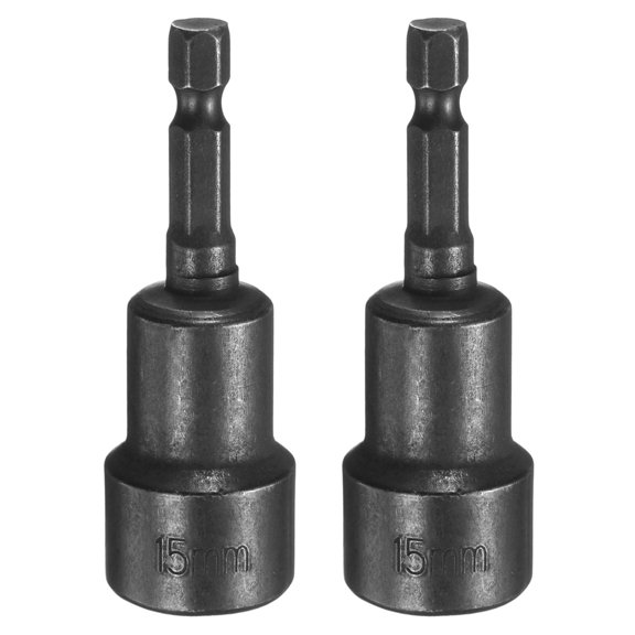 1/4" Hex Shank 15mm Magnetic Hex Socket 65mm Length, CR-V Steel Quick-Release Power Nut Driver Set with Socket Wrench Screw for Impact Drill Nut Setters, Black 2pcs