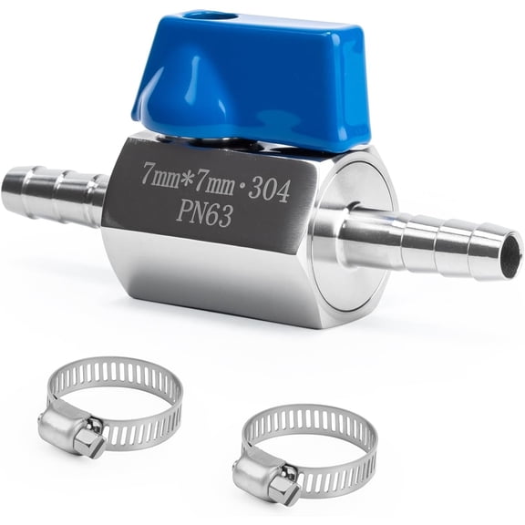 1/4" Hose ID Barb Ball Valve, 304 Stainless Steel Dual 7mm Barb Mini Heater Hose Shut Off Valve with Clamps for Fuel, Gas & Water Lines