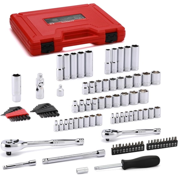 1/4-Inch & 3/8-Inch Drive, SAE and Metric Socket Set, Standard and Deep Sizes, with Ratchet, Extension Bars and Universal Joint, 94-Pieces 1/4" Drive and 3/8" Dr. Socket Super Set