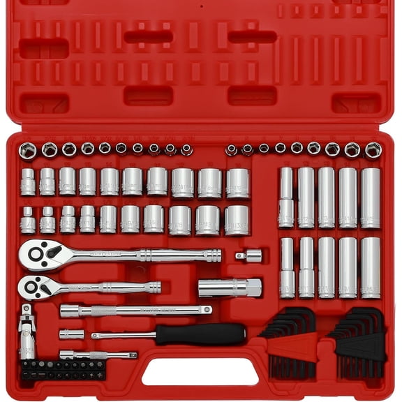 1/4-Inch & 3/8-Inch Drive, SAE and Metric Socket Set, Standard and Deep Sizes, with Ratchet, Extension Bars and Joint, 94-Pieces 1/4" Drive and 3/8" Dr. Socket Super Set