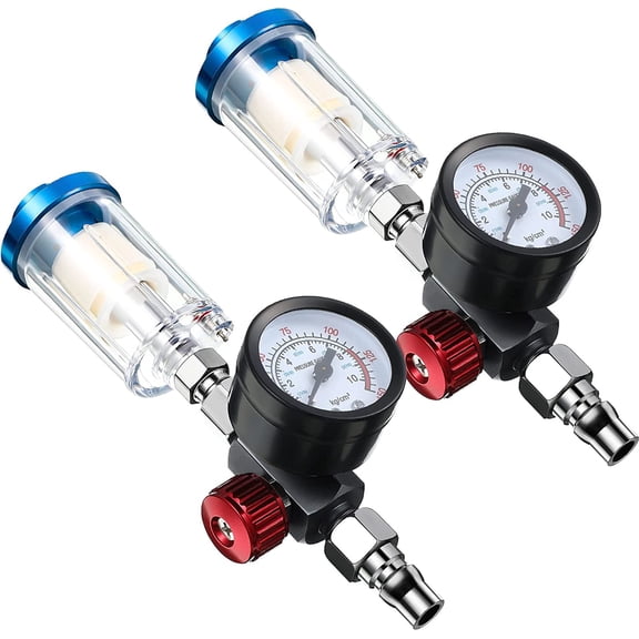1/4 Inch Air Adjusting Regulator Valve with Pressure Gauge and Water Trap Filter, 2 Packs, Oil Separator Water Pressure Compressor Regulator for Air Spray Paint Gun Cleaner