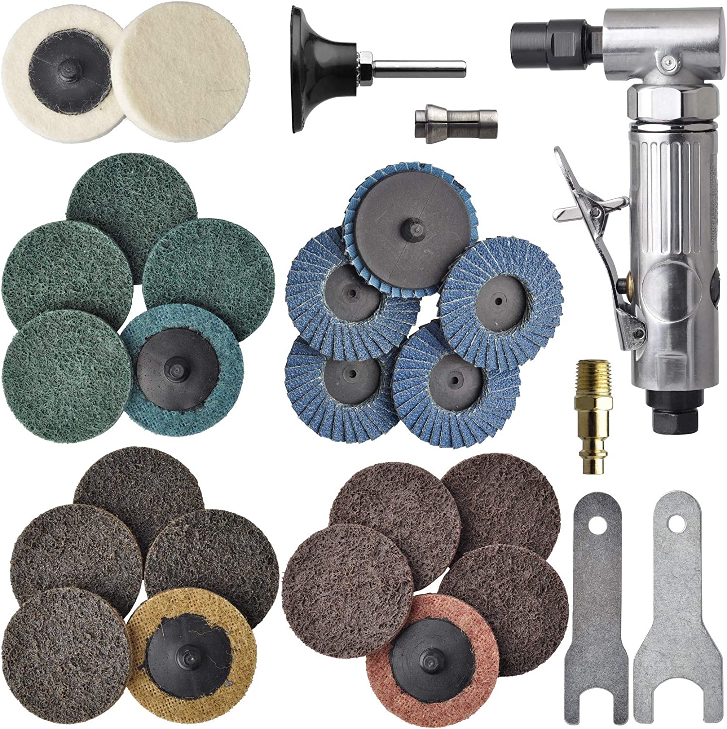 1/4 Inch Angle Air Die Grinder with 22 Pcs 2-Inch Roll Lock Sanding Discs Polished Color Angle Pneumatic Die Grinder Air Die Grinder Kit