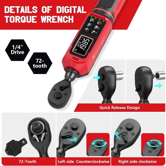 1/4-Inch Digital Torque Wrench (0.33-22.1Ft.Lb/0.45-30N.m) ±1% Accuracy with Vibration, Buzzer, and LED Notification