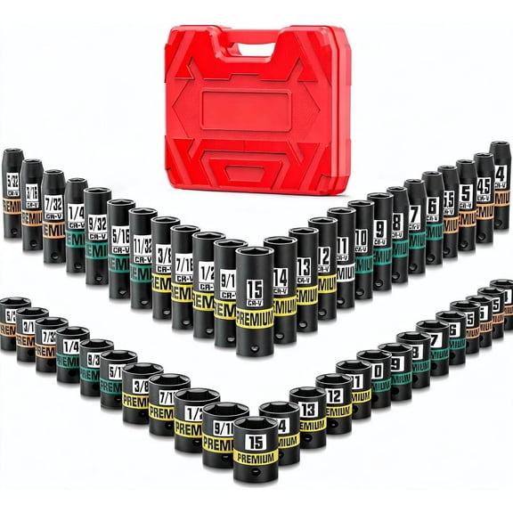 1 4 Inch Drive 50-Piece Impact Socket Set with Standard SAE and Metric Sizes in Deep and Shallow Styles