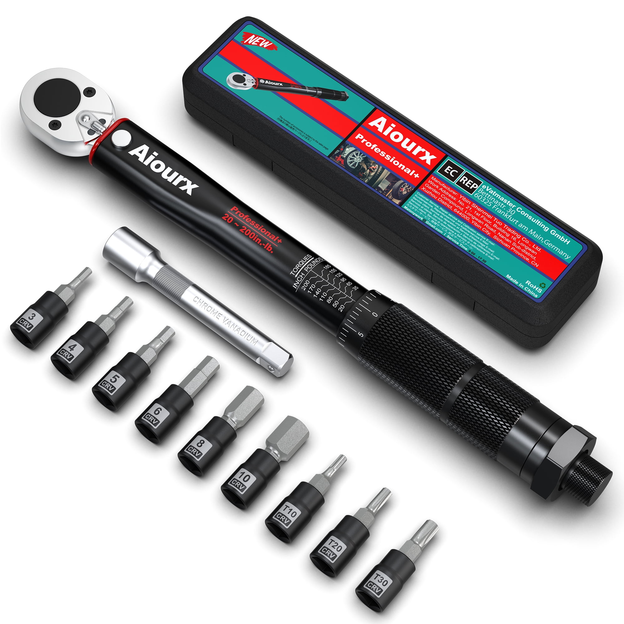 1/4 Inch Drive Click Torque Wrench Set 20-260 in.-lb. / 2.26-29.38 Nm 11 Pieces Black