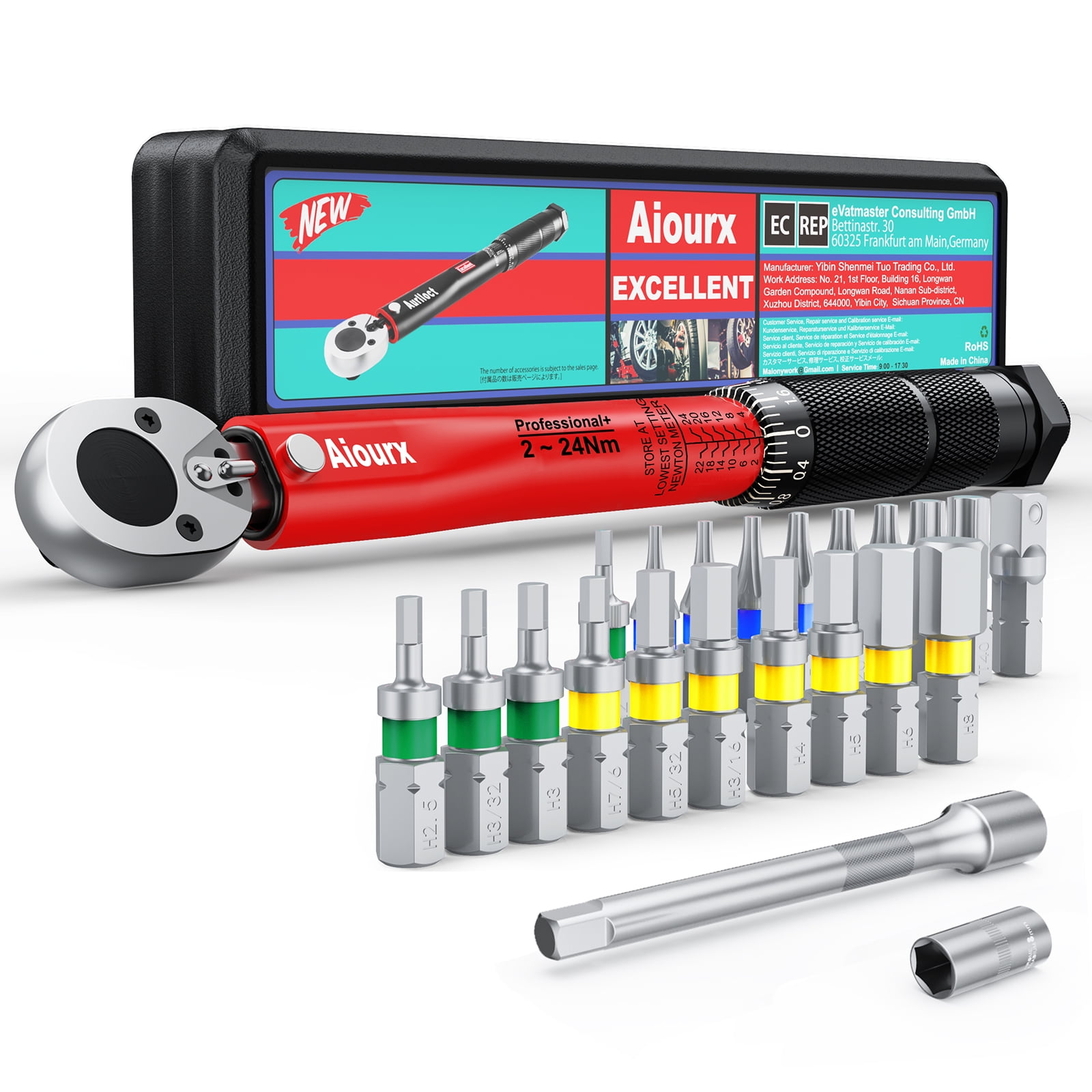 Aiourx Drive Click Torque, 1/4" Red Metal Matte Finish Torque Socket Wrench & Set, 23 Pieces