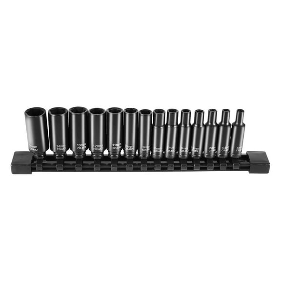 1/4 Inch Drive Impact Socket Set 14 Piece Deep Metric 4mm to 15mm 6 Point Chrome Molybdenum Alloy Steel Auto Repair Easy Read Size Markings Rugged Construction Socket Organizer