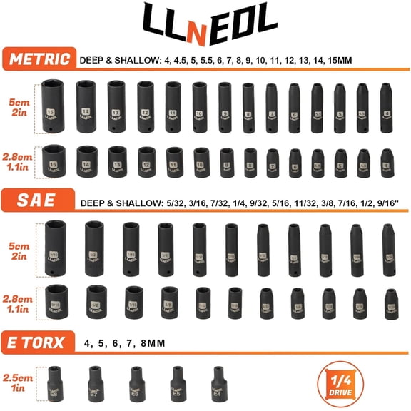1/4 Inch Drive Impact Socket Set, 83Pcs Socket Wrench Set Metric & SAE from 4-15mm, 5/32-9/16", 6 Point CR-V Deep & Shallow Sockets Kit with 72T Ratchet Handle, E Torx, for Automotive & Home