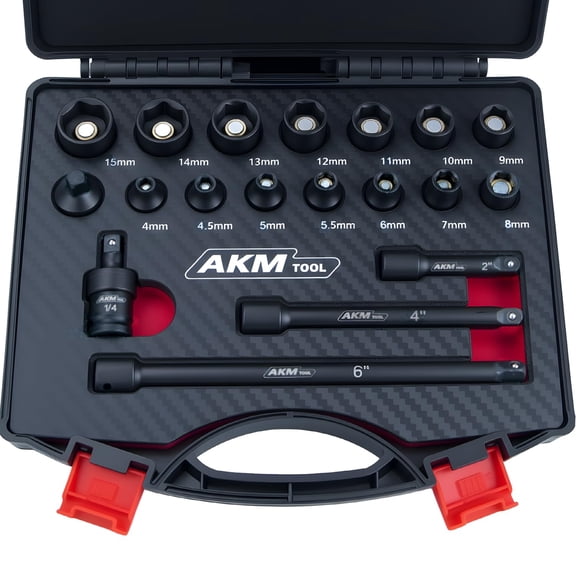 1/4 Inch Drive Magnetic Impact Socket Set, 19-Piece Metric, 4mm-15mm, 6 Point, Cr-Mo, Square Drive, Magnetic Socket with Adapter, Universal Joint & Extension