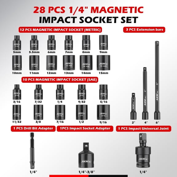 1/4 Inch Drive Magnetic Impact Socket Set, 28-Piece SAE/Metric, 1/4 Inch-9/16 Inch, 5mm-15mm, 6 Point, Cr-Mo, Square Drive, with Impact Socket Adapter, Universal Joint & Extension