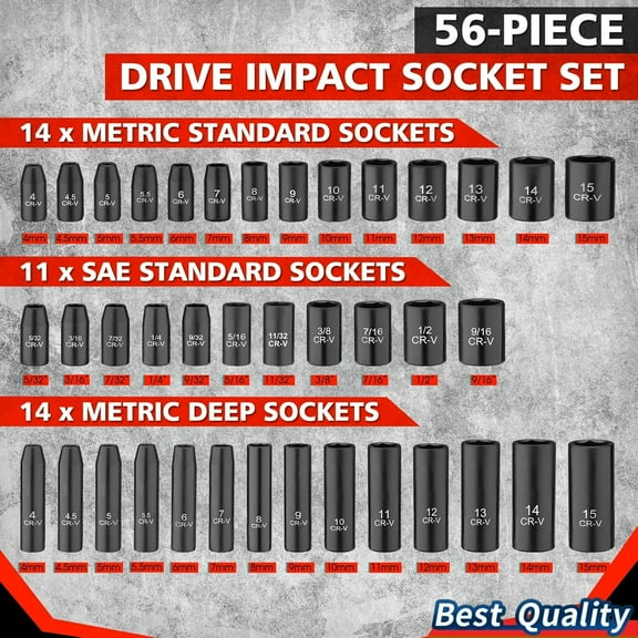 1/4-Inch Drive Socket Set, SAE & Metric, 56-Piece, 6-Point, CR-V, Ratchet Handle, Extension Bar, Joint, Gift for Men