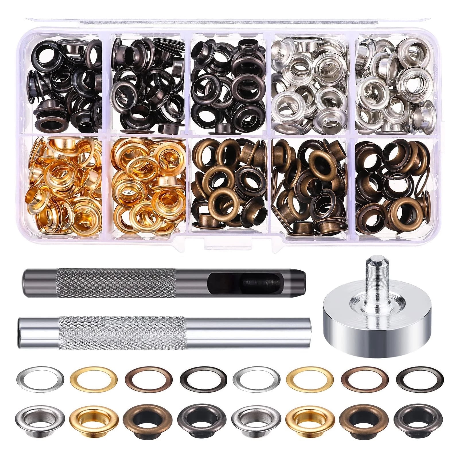 Zxmissu 200 Sets Metal Grommets Eyelets 1/2 1/4 2/5 3/16 with Washers and Storage Box, Grommet Tool Kit Eyelets and Grommets for Fabric Belt Clothes