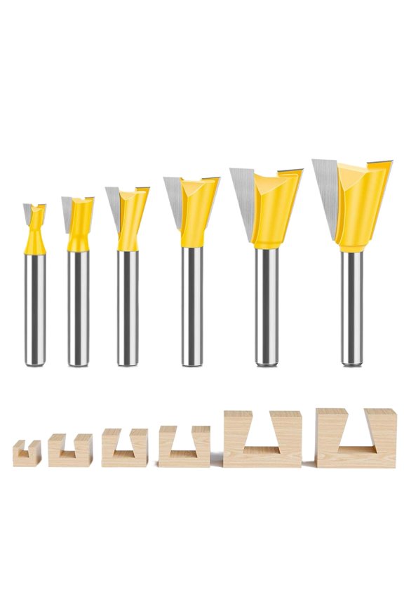 1/4 Inch Shank Dovetail Router Bit Set - 6 Sizes: Cutting Dia in 1/4" 3/8" 1/2" 5/8" 3/4" 7/8" Wood Milling Cutter Tool, Dove Tail Router Bits for Boxes Drawers Chests Fine Casework