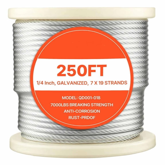 1/4 Inch Wire Rope, 250 ft Length, Zinc Galvanized Carbon Steel Cable with Gloves, 7000 lbs Breaking Strength, 7 x 19 Strands Construction, Wire Cable for Deck Railing System, Garden Trellis