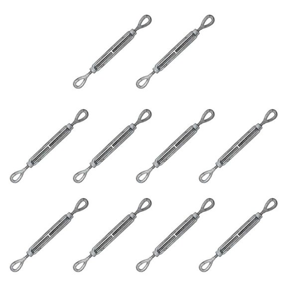 1/4 Inch x 4 Inch Eye and Eye Galvanized Turnbuckle, Working Load Limit 500 Pounds, 10 Pack, Uses: Tower, Suspension, Mining, Rigging, Tensioning