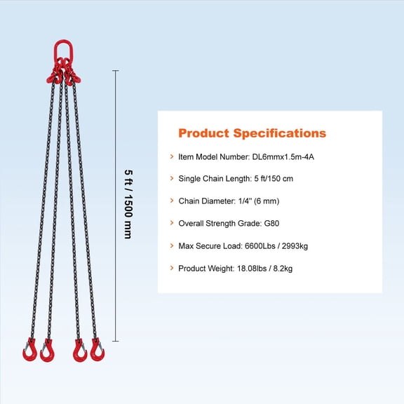 1/4 Inch x 5 Ft G80 Lifting Chain Sling 4 Leg Grab Hooks and Adjusters 6600 Lbs 3 Ton Capacity for Engine Hoist