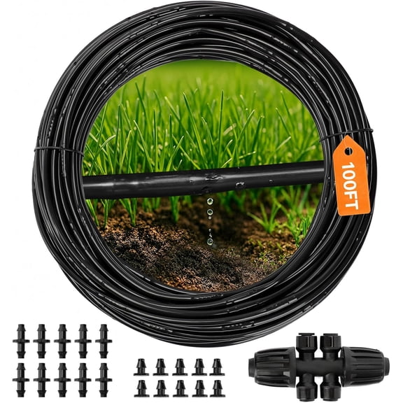 1/4" Irrigation Dripline Tubing (100 Ft Roll), Saving 80% Water, 6" Emitter Spacing, 0.5 GPH Emitters Built-In Drip Irrigation Line with 1/4" Fittings Included, Black
