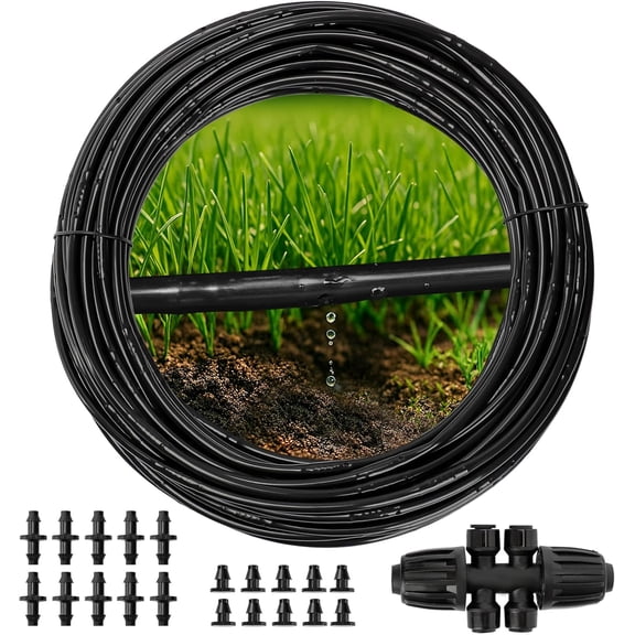 1/4" Irrigation Dripline Tubing 100 Ft Roll Saving 80% Water, 6" Emitter Spacing, 0.5 GPH Emitters Built-In Drip Irrigation Line with Fittings