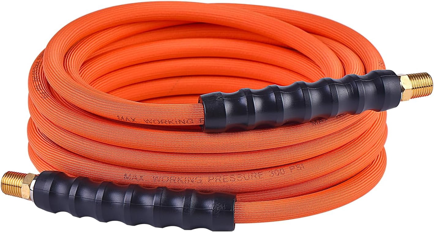 1/4" Lay - Flat Braided Air Compressor Hose 25FT 300 PSI Hybrid Flexible Pneumatic Hose with 360° Swivel MNPT Fittings Lightweight Tangle Free for All Weather Industrial Tools