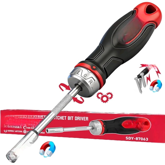 1/4 Magnetic Ratcheting Screwdriver, Durable Bit Holding Screwdriver With Non-Slip Handle 220mm Long Multi Tip Screwdrivers Ratchet Bits Driver Ergonomic Cushion Grip For Garage & Daily Repair