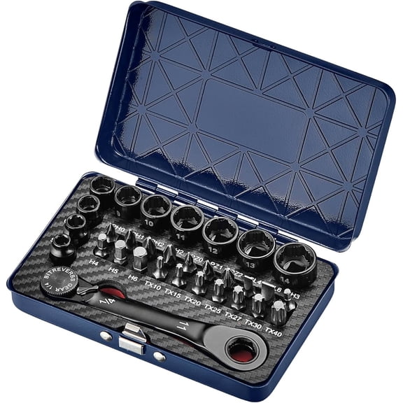 1/4" Mini Reversible Ratchet Wrench Tool Kit, 32 count Low Profile Bit Socket Set, Non-Slip Socket Ratcheting Wrench Tool Box, 5MM-14MM...