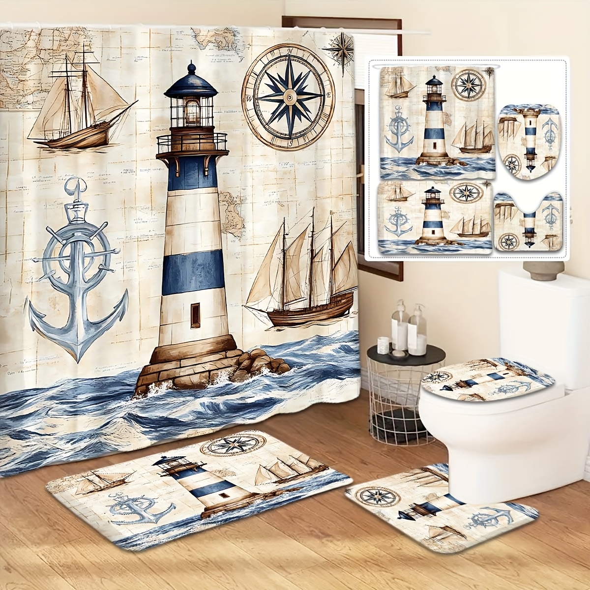 1/4-Pack Non-Slip Marine Boat & Sea Tower Shower Curtain Set - 12 Hooks + U-Shaped Toilet Mat + Seat Mat, Creative Nautical Bathroom Decoration