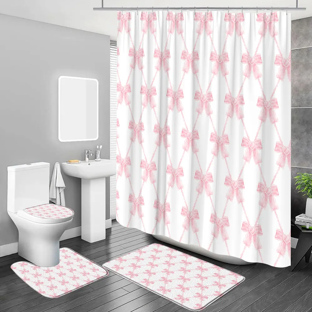 1/4 Pcs Cute Bow Shower Curtain Set Modern Simple Plaid Love Heart