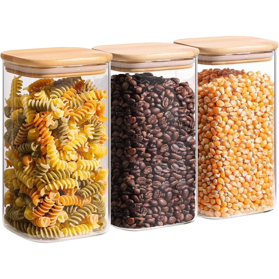 1.4 Qt Glass Storage Containers with Lids, Glass Jars with Lids, Clear Food Storage Jar, Square Canister Set of 3, Pantry Organizers and Storage for Flour Oat Pasta Tea Cookie Coffee Bean