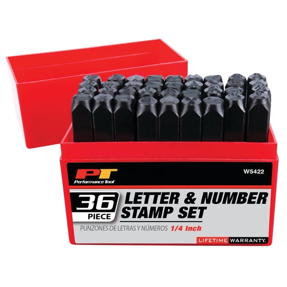 Performance Tool W5422 36-Piece Steel Letter/Number Stamping Set for Identification, Includes 26 Letters A-Z, 9 Numbers 0-8, and Storage Box