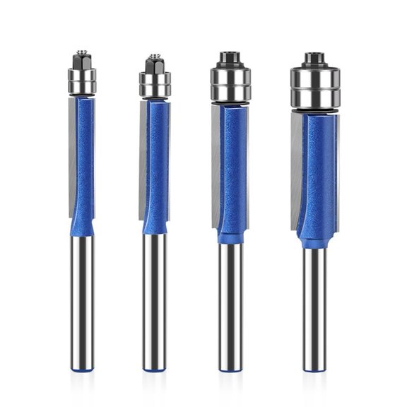 1/4" Shank Double Flute Carbide Trimming Router Bit Set 4PCS Wood Milling Cutter for Edge Finishing, Flush Trim & Laminate Woodworking (Silver Blue Coated)