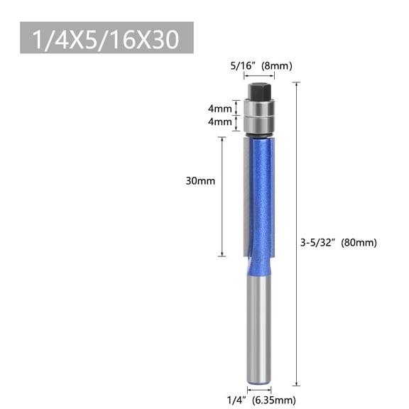 1/4 Shank Trim Router Bit with Bearing for Wood Template Milling, YG6 Carbide Tip Flush Cut Pattern for Laminates Plywood Hardwoods Softwoods Composites Plastics Non-Ferrous Metals(6.35x8)