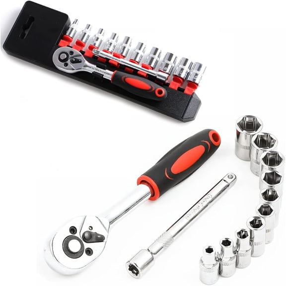 1/4" Ratchet Socket Wrench Set, Mechanic Tool Kit and Sockets Set with Quick Release Reversible Ratchet Handle and Extension Bar, 12 count Set