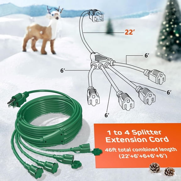 1 to 4 Splitter Extension Cord (Combined 46 FT, End to End 28 FT), 3 Prong Plug with 4 Extended Outlets, with Weatherproof Covers for Indoor and Outdoor