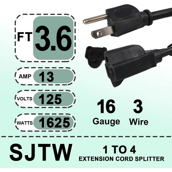1 to 4 Splitter Extension Cord, Max 1.5 FT End to End (3.6 FT Total), 3 Prong Plug with 4 Extended Outlets, 16AWG/3C SJTW 4 Way Power Cord Splitter Cable for Outdoor Lights Holiday Decor, Black